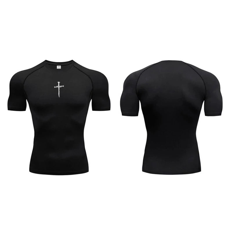 Cross Print Compression Shirts for Men Gym Workout Training Fitness Base Layer Quick Dry Athletic Tshirt Skinny Running T-shirts