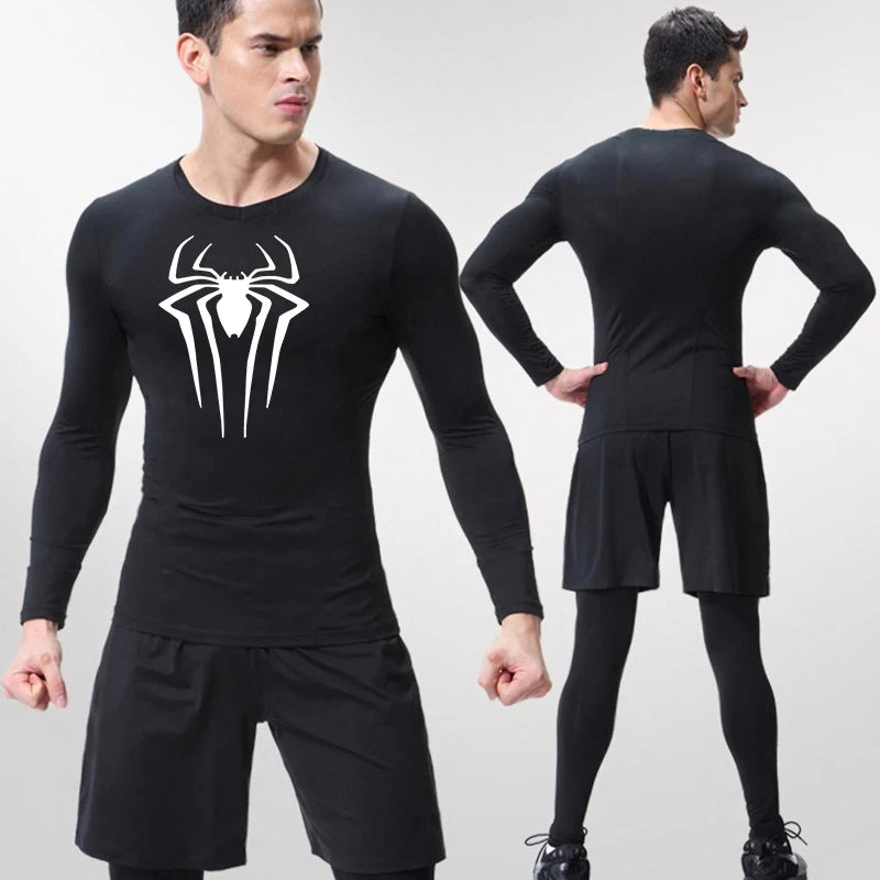 Spider Print Long Sleeve Compression Shirts for Men Gym Workout Rash Guard Undershirts Baselayers Athletic Quick Dry Tees Tops