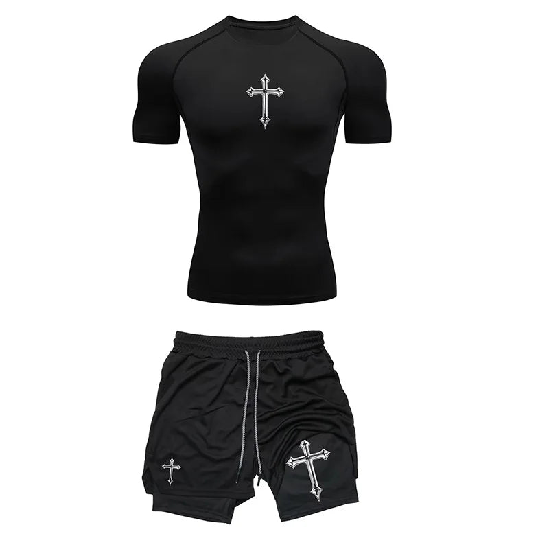 Jogging Breathable Compression Sportswear Summer Men's Training Two-piece Tight T-shirt Fitness Shorts Gym Workout Set RL0008