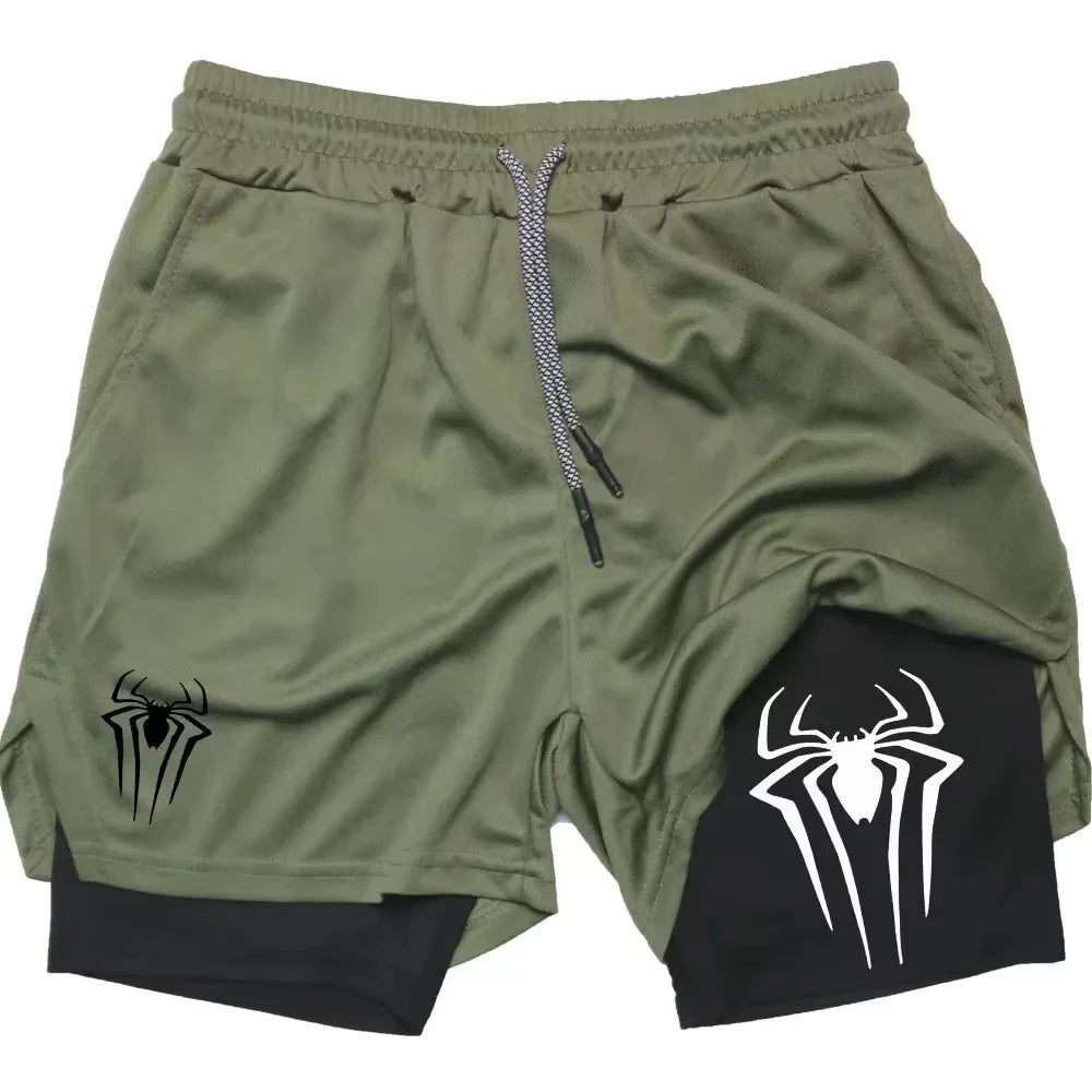 Y2K Performance Shorts Men Spider Printed GYM Casual Sports Compression Shorts Workout Running Mesh 2 In 1 Sport Short Pants