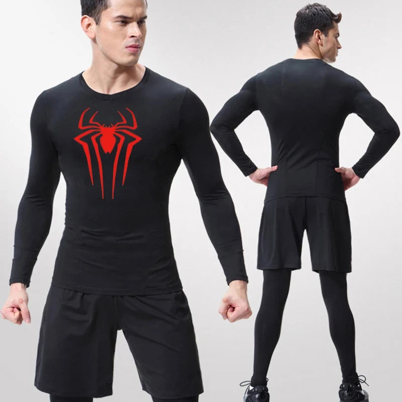 Spider Print Long Sleeve Compression Shirts for Men Gym Workout Rash Guard Undershirts Baselayers Athletic Quick Dry Tees Tops