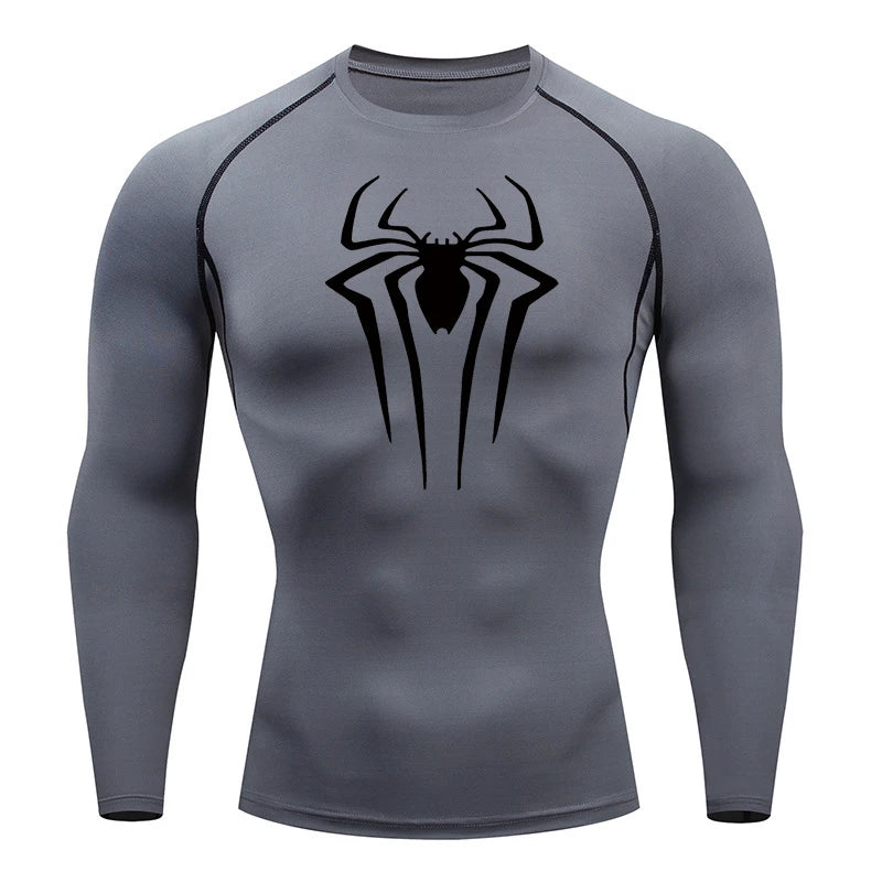 Spider Print Long Sleeve Compression Shirts for Men Gym Workout Rash Guard Undershirts Baselayers Athletic Quick Dry Tees Tops