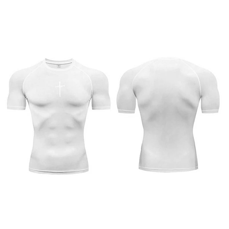 Cross Print Compression Shirts for Men Gym Workout Training Fitness Base Layer Quick Dry Athletic Tshirt Skinny Running T-shirts