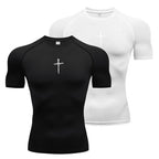 Cross Print Compression Shirts for Men Gym Workout Training Fitness Base Layer Quick Dry Athletic Tshirt Skinny Running T-shirts