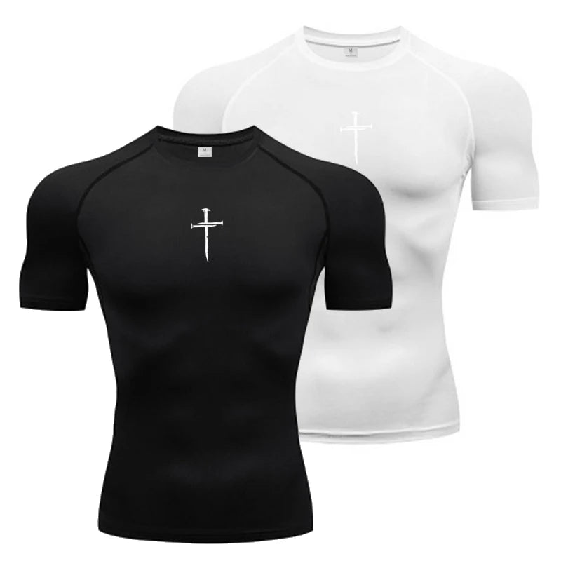 Cross Print Compression Shirts for Men Gym Workout Training Fitness Base Layer Quick Dry Athletic Tshirt Skinny Running T-shirts